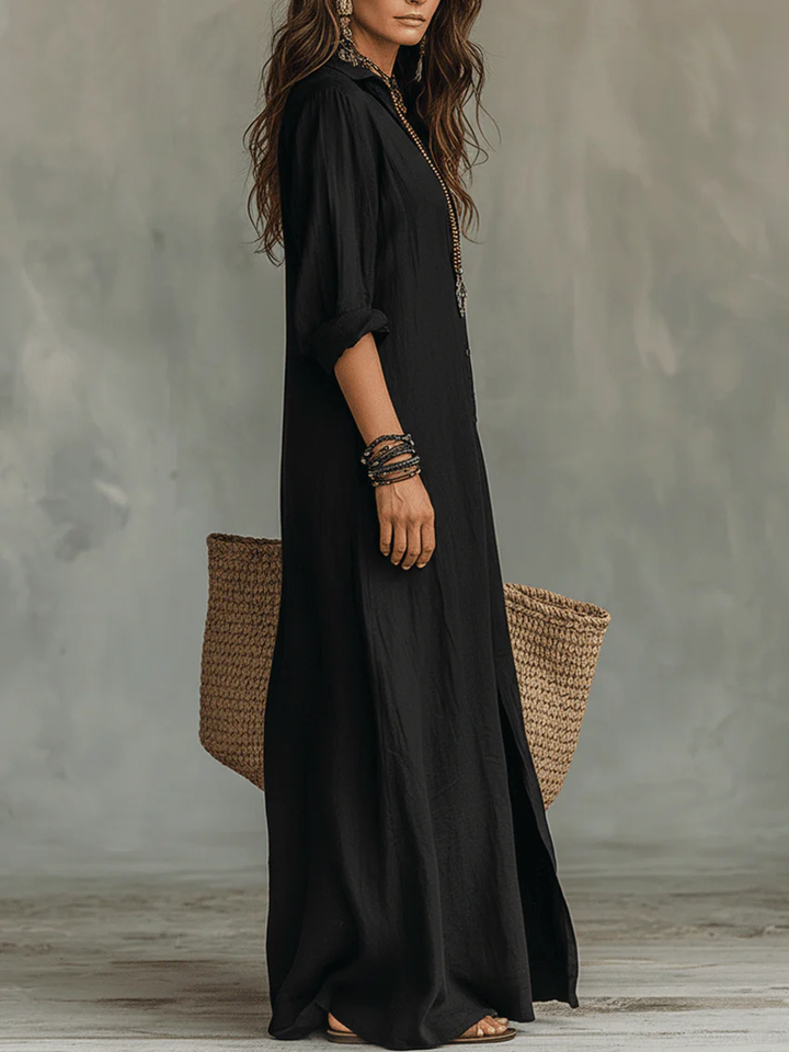 Soline | Black Long Loose Dress with Buttons