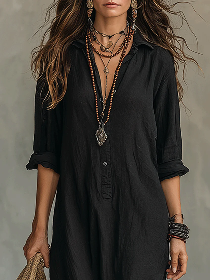Soline | Black Long Loose Dress with Buttons