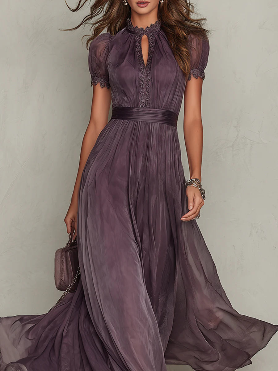 Flavia | Long Purple Dress with Drop Neckline and Chiffon Lace Trim