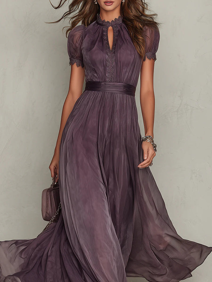 Flavia | Long Purple Dress with Drop Neckline and Chiffon Lace Trim