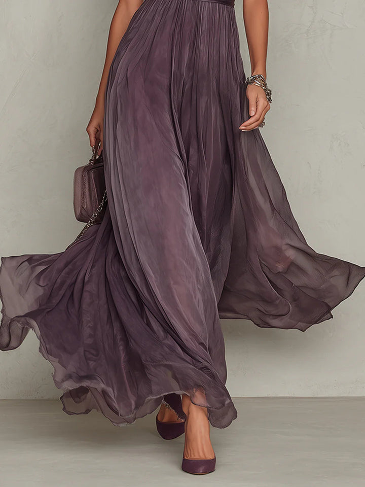 Flavia | Long Purple Dress with Drop Neckline and Chiffon Lace Trim