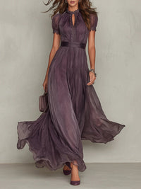Flavia | Long Purple Dress with Keyhole Neckline & Chiffon Lace Trim
