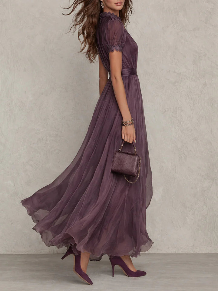 Flavia | Long Purple Dress with Drop Neckline and Chiffon Lace Trim