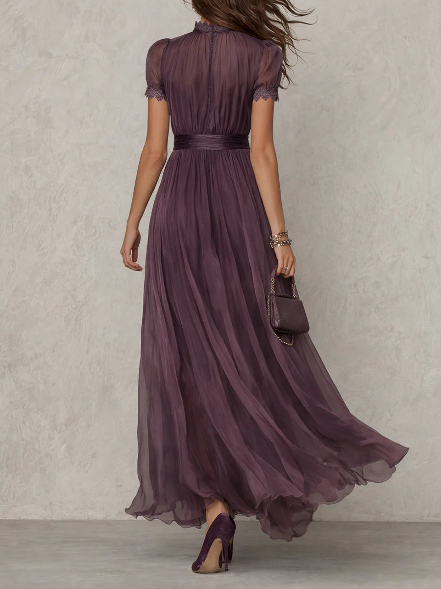 Flavia | Long Purple Dress with Drop Neckline and Chiffon Lace Trim
