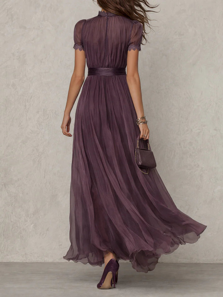 Flavia | Long Purple Dress with Drop Neckline and Chiffon Lace Trim