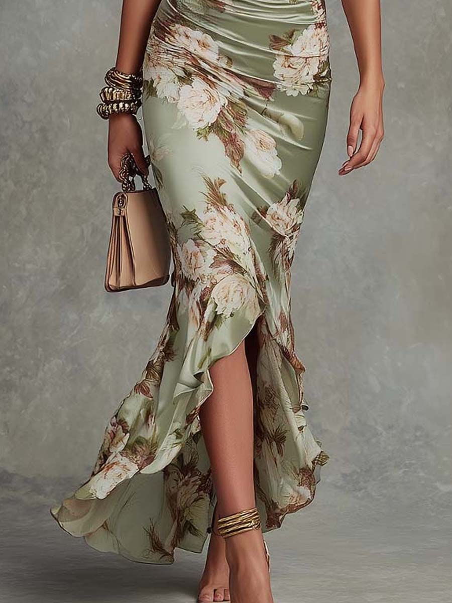 Anna - Long Floral Asymmetric V-neck Dress