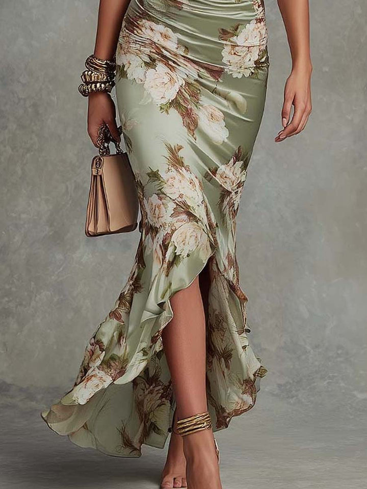 Anna - Long Floral Asymmetric V-neck Dress
