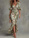 Anna - Long Floral Asymmetric V-neck Dress
