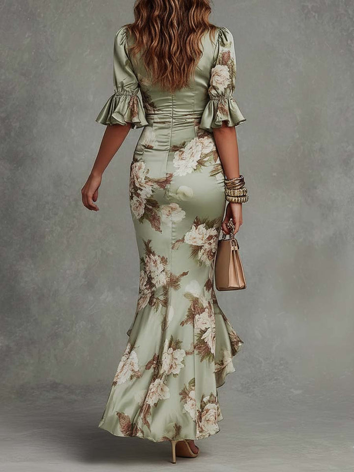 Anna - Long Floral Asymmetric V-neck Dress