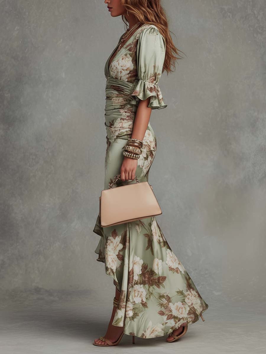 Anna - Long Floral Asymmetric V-neck Dress