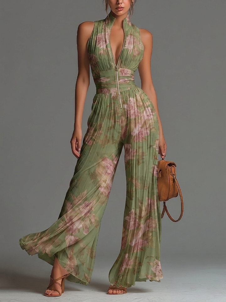 Chiffon | Floral Green Jumpsuit with V-Neck, Sleeveless, with Zipper and Pleats, Wide Leg
