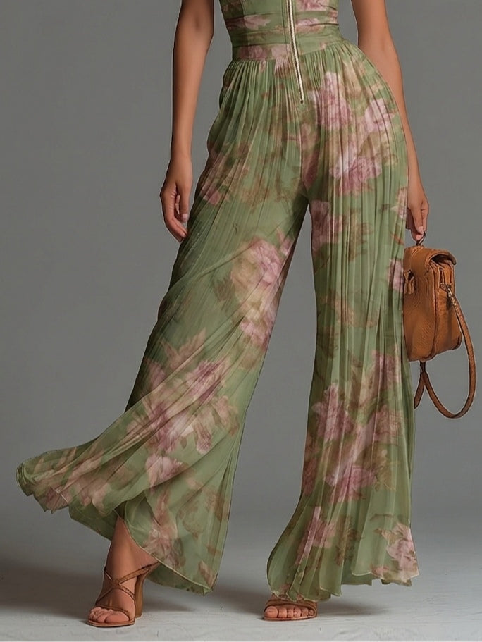 Chiffon | Floral Green Jumpsuit with V-Neck, Sleeveless, with Zipper and Pleats, Wide Leg