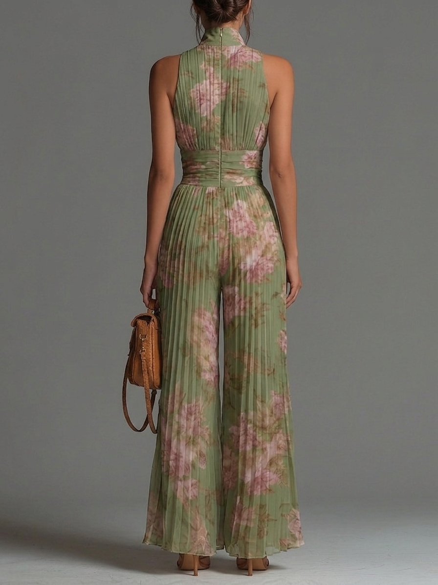 Chiffon | Floral Green Jumpsuit with V-Neck, Sleeveless, with Zipper and Pleats, Wide Leg