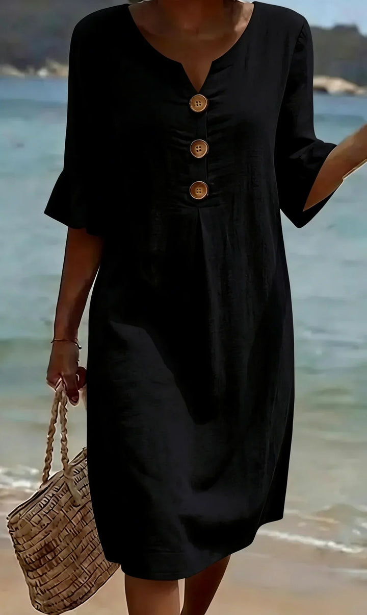 Vanesa™ | Textured Linen Dress with Puff Sleeves and Buttons