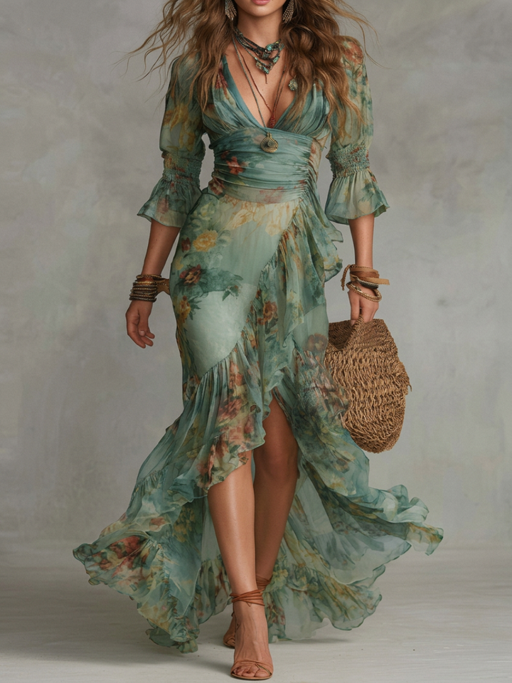Stephanie | Maxi Dress in Grass Green Chiffon with Irregular Ruffles and Slit