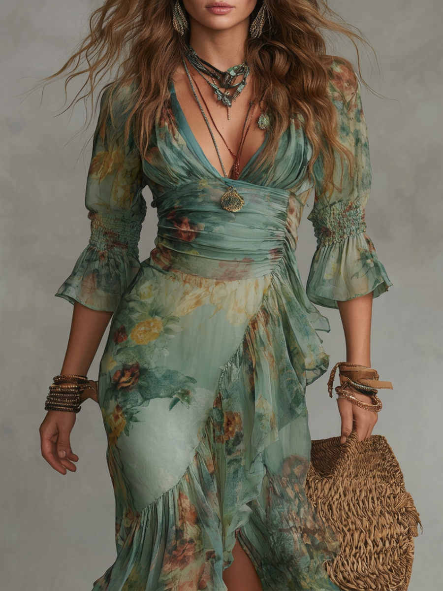 Stephanie | Maxi Dress in Grass Green Chiffon with Irregular Ruffles and Slit