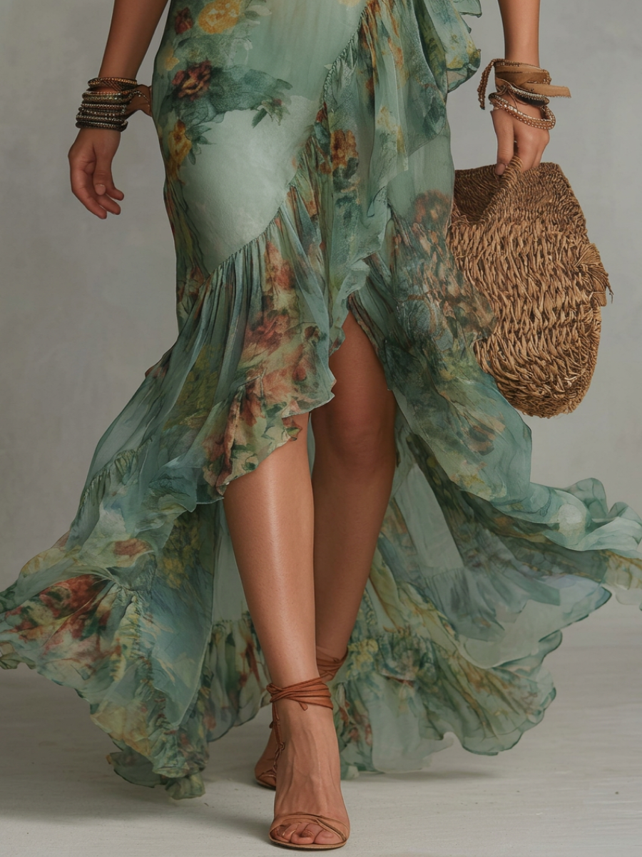 Stephanie | Maxi Dress in Grass Green Chiffon with Irregular Ruffles and Slit