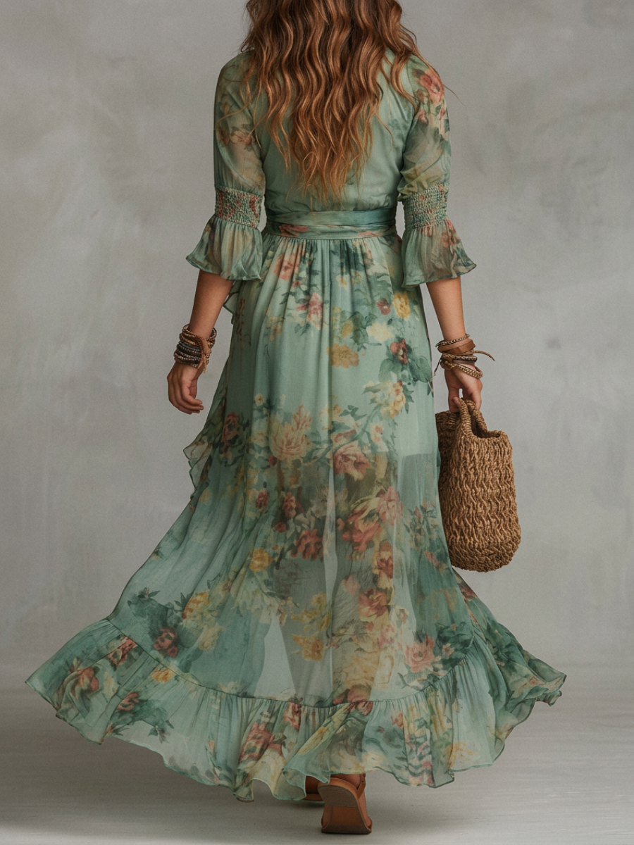 Stephanie | Maxi Dress in Grass Green Chiffon with Irregular Ruffles and Slit
