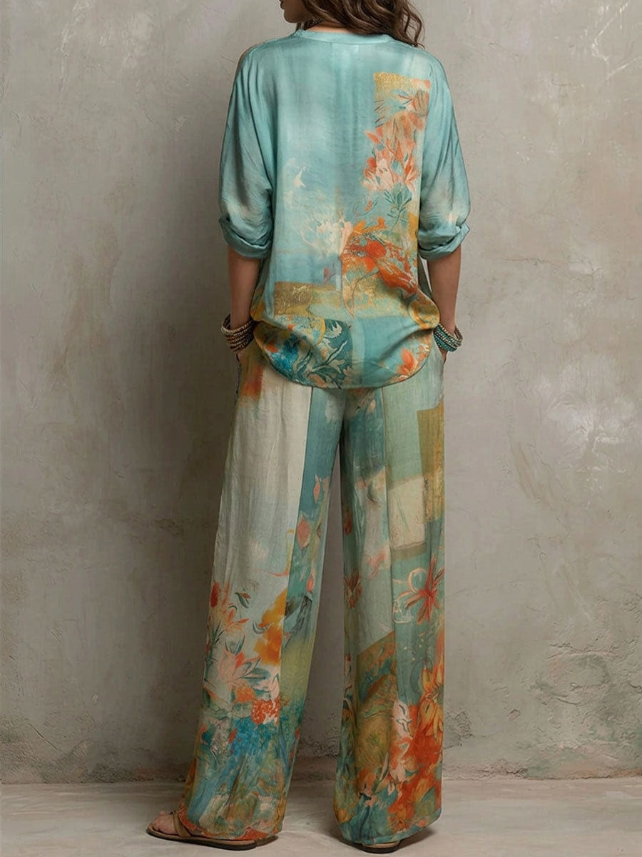 Chiara - Elegant floral print set with wide-leg pants
