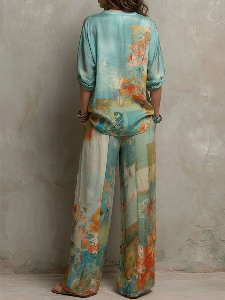 Chiara - Elegant floral print set with wide-leg pants