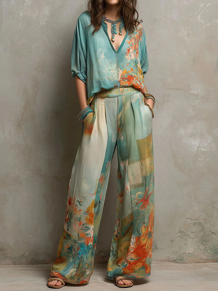 Chiara - Elegant floral print set with wide-leg pants