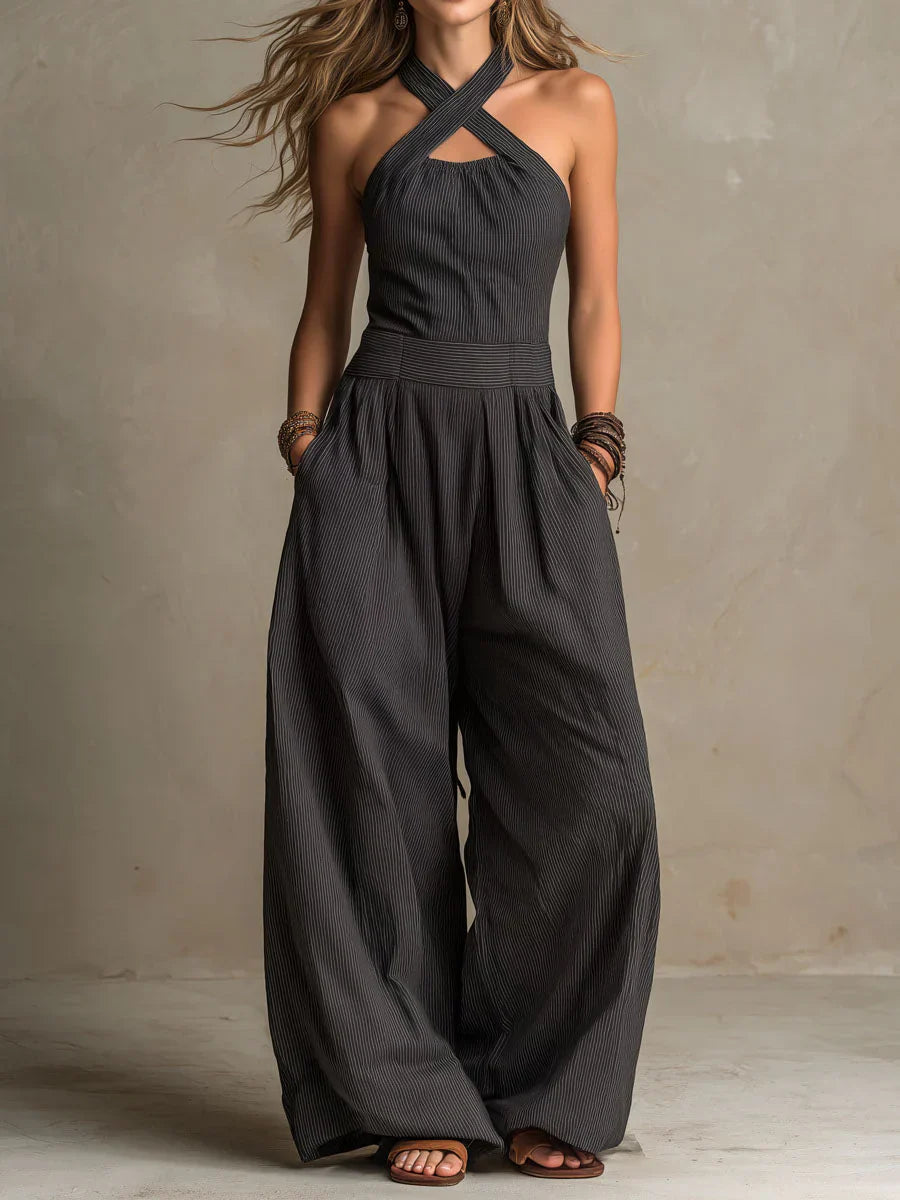 Bianca - Elegant cross-neck linen and cotton jumpsuit