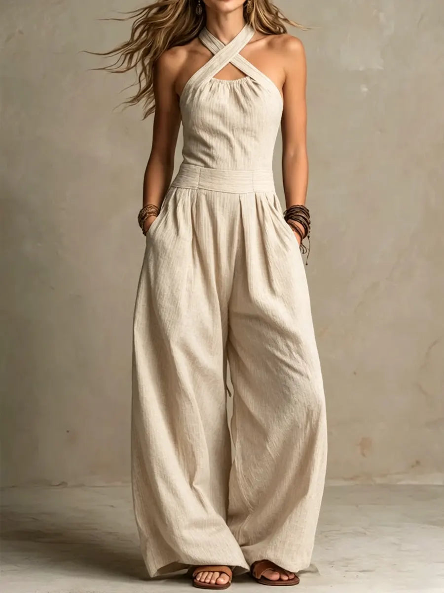 Bianca - Elegant cross-neck linen and cotton jumpsuit