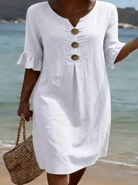 Vanesa™ | Textured Linen Dress with Puff Sleeves and Buttons