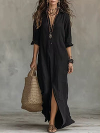 Soline | Black Long Loose Dress with Buttons